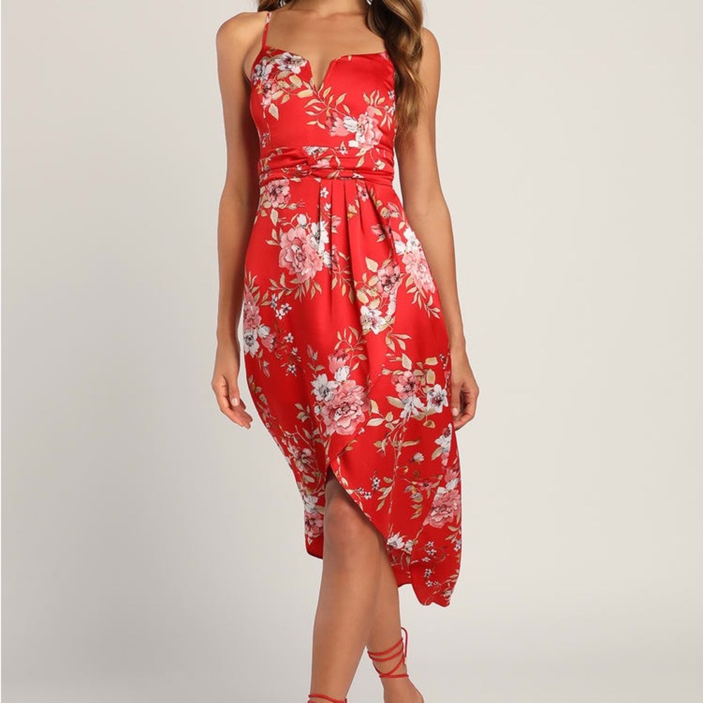 Lulus “My Favorite Day” Floral Red Midi Dress